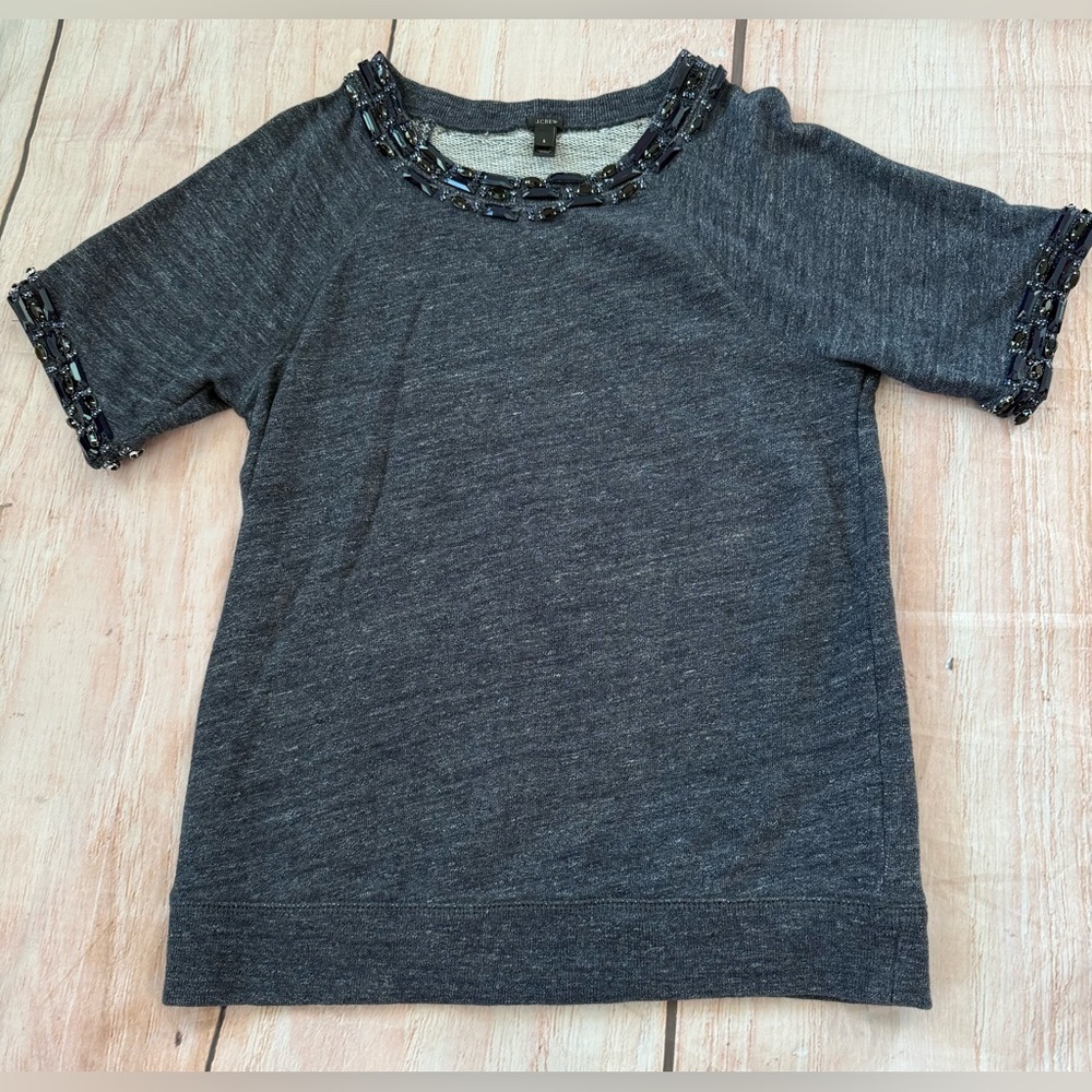 J.Crew Blue Marled Jewel Beaded Neckline Short Sleeve Sweatshirt Small woman’s